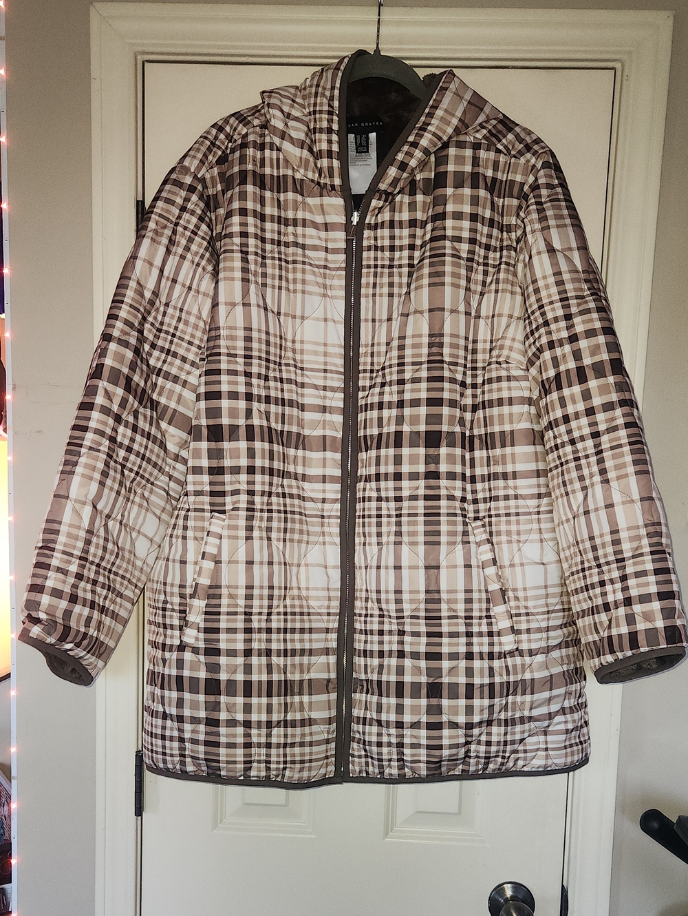 Susan Graver Plaid Hooded Quilted Puffer Jacket in Brown and White